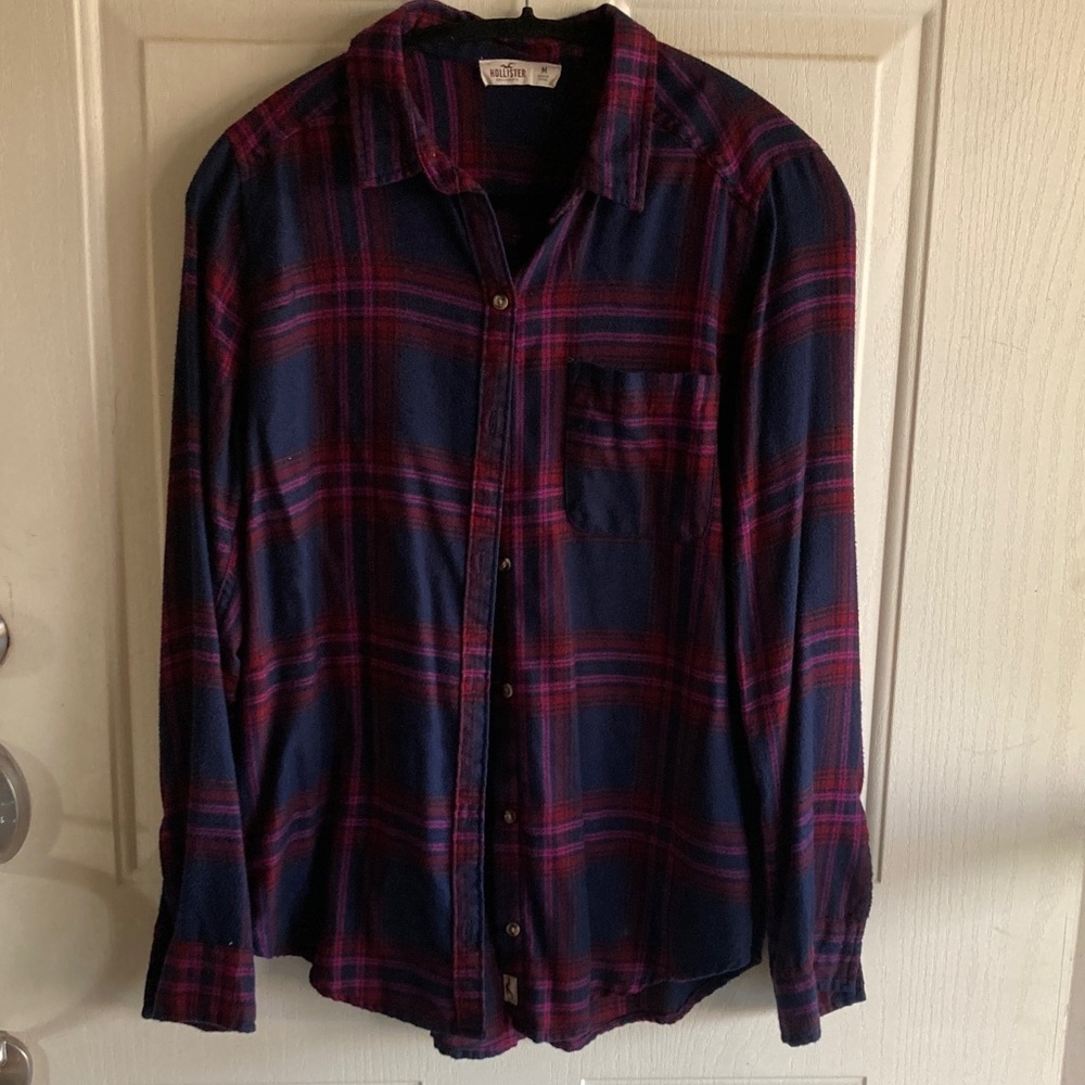 Hollister Navy and Burgundy Plaid Shirt